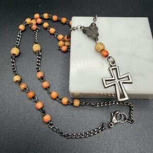 TSG Sterling Silver Cross Necklace Rosary #M48 coral colored beads